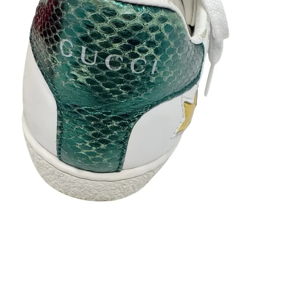 Gucci Ace Star Web Stripe Leather Sneakers 37.5 Metallic Python - Picture 7 of 11